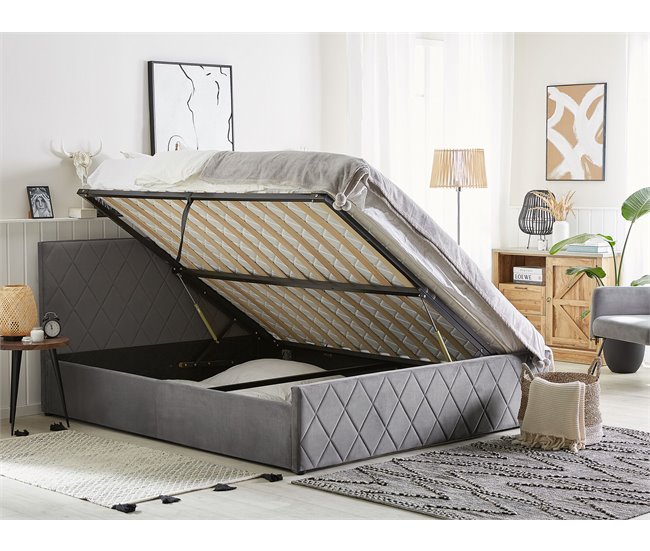 Beliani Cama con almacenaje Terciopelo ROCHEFORT 150x214 Cinza