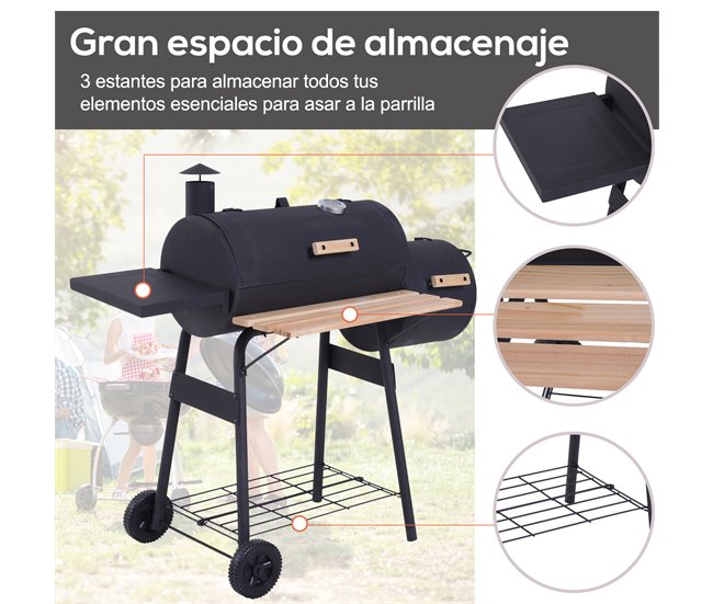 Barbecue a Carvão Aço laminado a frio e madeira Outsunny Preto