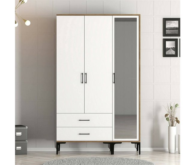 Armário de 3 portas com efeito madeira 120 Branco/ Madeira
