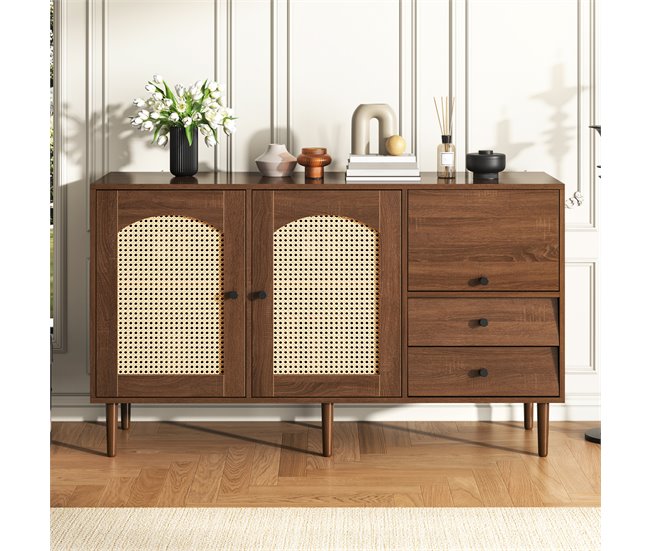 Aparador de painel de partículas com 3 portas e 2 gavetas Madeira