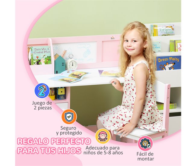 Mesa e Cadeira Infantil MDF e Madeira de Pinho HOMCOM 90x45 Rosa