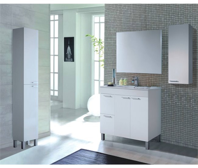 Armário de casa de banho com 2 portas, 2 gavetas e um espelho Dgabett 80 Branco Brillo
