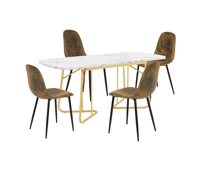 Conjunto de jantar extensível efeito mármore + 4 cadeiras em tecido tipo camurça
