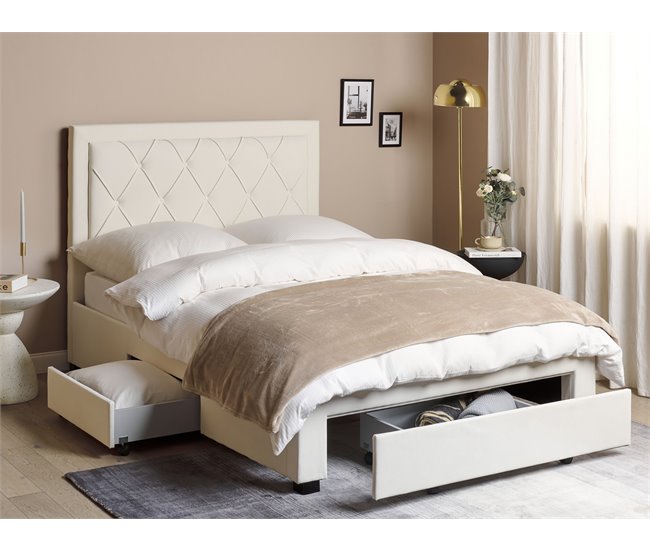 Beliani Cama com armazenamento Veludo LIEVIN 145x217 Creme