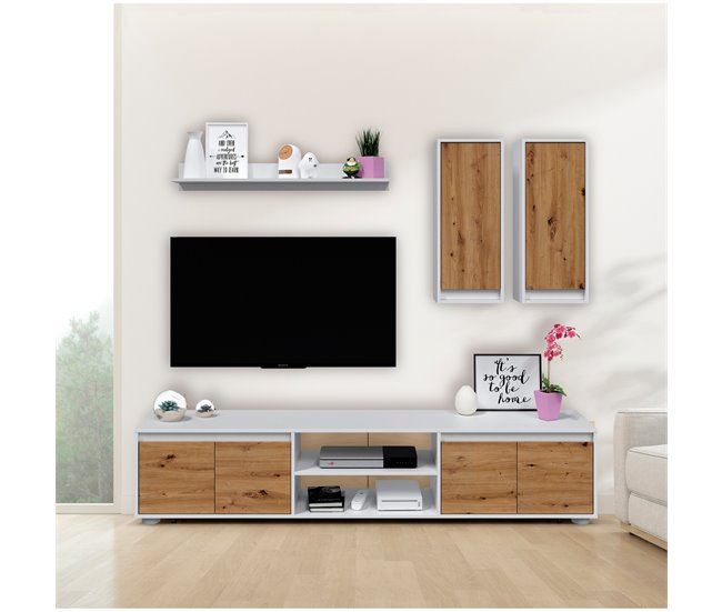 Compacto de TV YUMI carvalho branco 200cm Branco/ Madeira