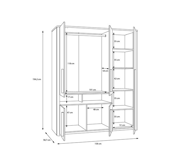 Roupeiro SURFINO portas batentes 158x194cm cinza Cinza