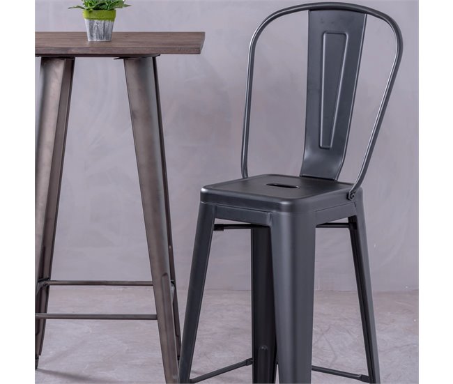 Banqueta metálica em aço lacado com encosto alto (76cm) - Bistro Preto