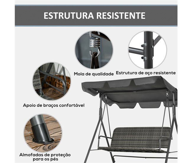 Baloiço de Jardim 3 Lugares Aço, Vime PE e Poliéster Outsunny Cinza