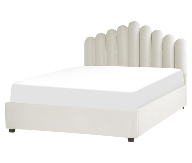 Beliani Cama com armazenamento Veludo VINCENNES 167x214 Branco/ Bege