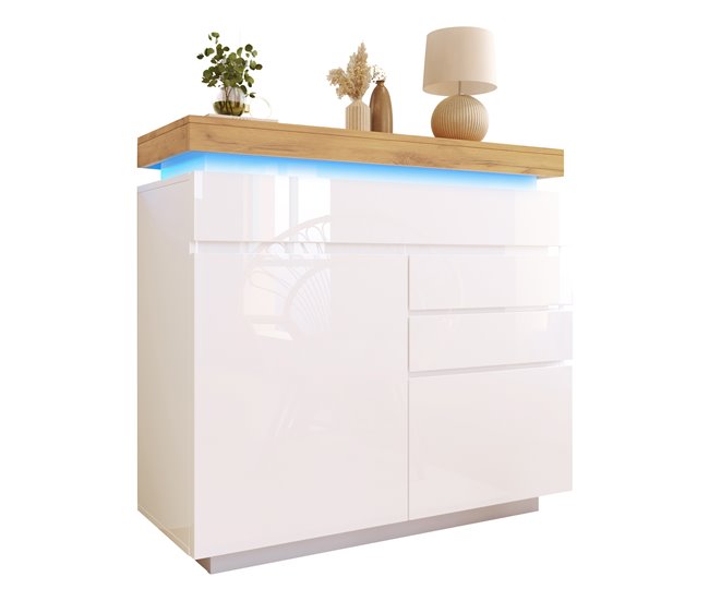 Aparador de painel de partículas com 2 portas e 3 gavetas Natural/ Branco