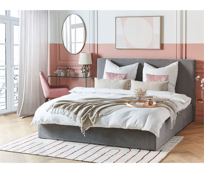 Beliani Cama com armazenamento Veludo LORIENT 197x216 Cinza Claro