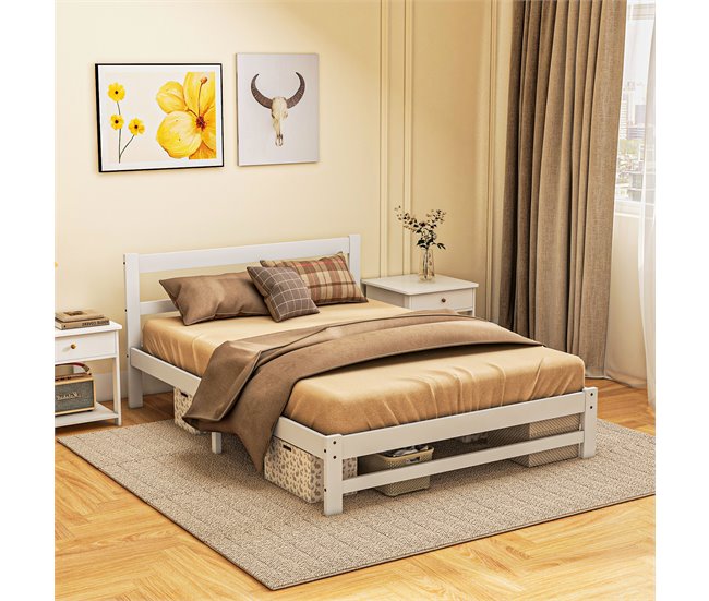 Estrutura de Cama de Casal Madeira de pinho HOMCOM, casa - quarto Branco