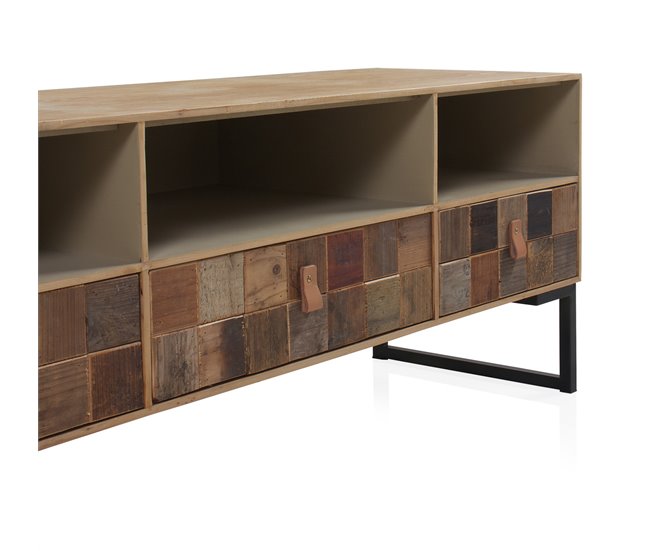 Mueble Tv Chapado Frontis De Madera Reciclada Base De Metal Natural