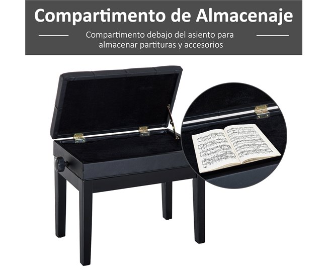 Banco de Piano Madeira de Borracha e Couro Sintético HOMCOM Preto