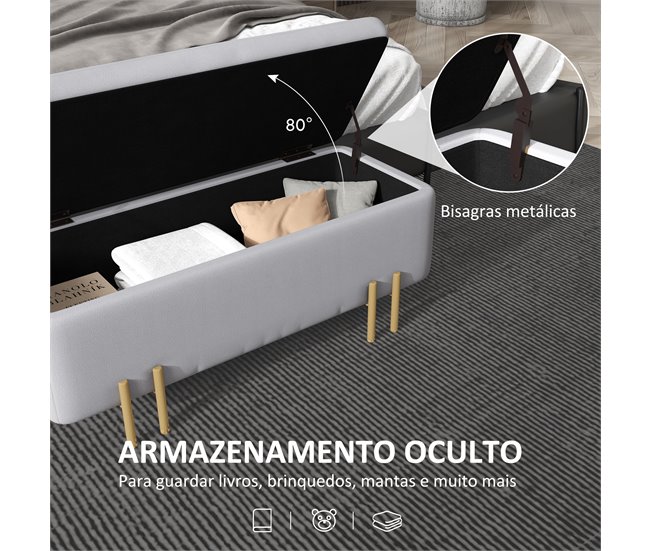 Banco Pé de Cama Madeira de Borracha, Metal e Poliéster HOMCOM Cinza