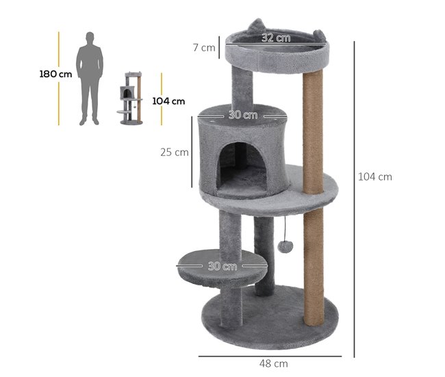 Arranhador para Gatos Aglomerado de Madeira, Pelúcia e Sisal Cinza