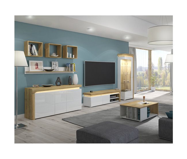 Aparador LED de 3 portas Teo 159 Branco/ Madeira