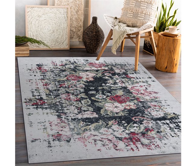 ANDRE 1816D Tapete flores vintage antiderrapante 80x150 Branco/cinza