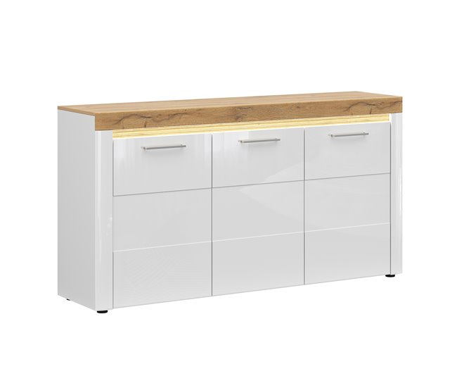 Aparador de 3 portas com LED Nara Natural/ Branco