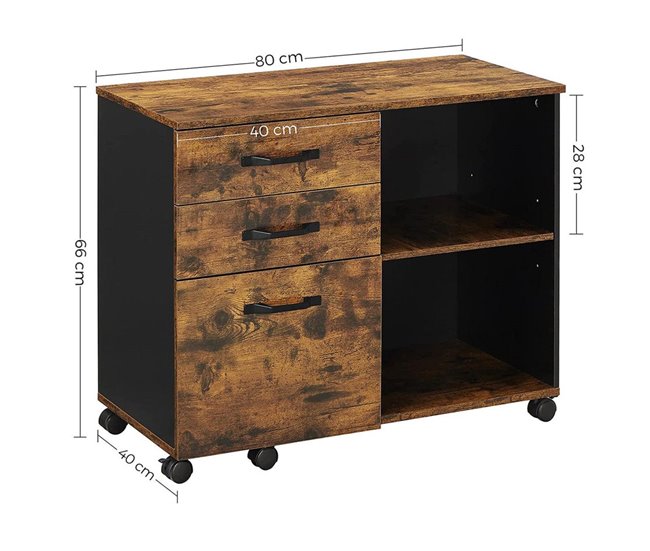 Armário de caixa com 3 gavetas e aparadores abertos Preto/ Madeira