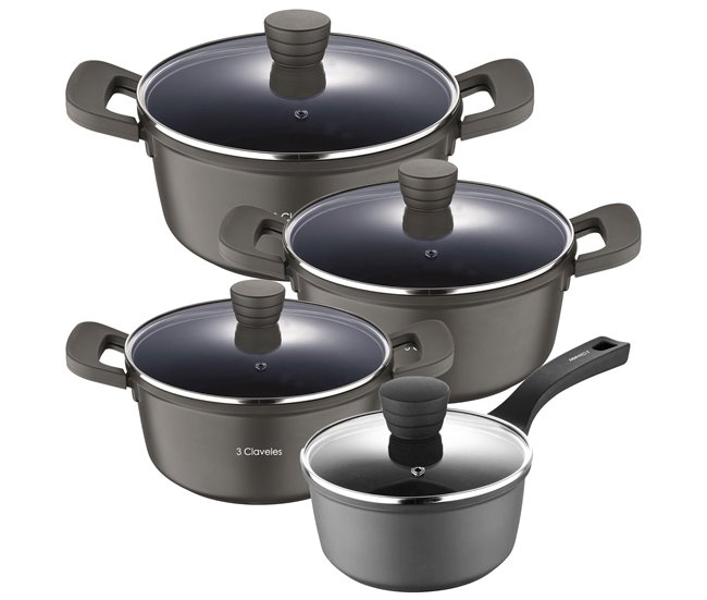 Conjunto de 3 panelas com tampas ø20cm (2,5l), ø24cm (4,5l), ø28cm (6,7l) + panela ø16cm (1,3l) em alumínio fundido antiaderente 3claveles