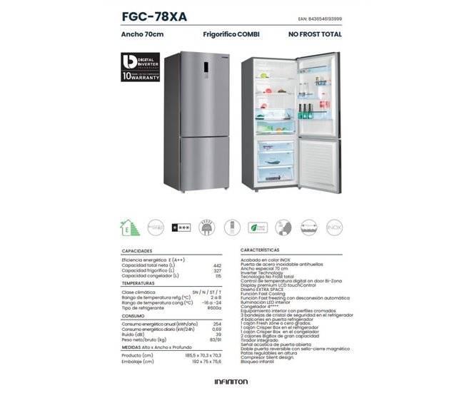 Infiniton FGC-78XA Frigorífico combinado, 432 l Inoxidavel