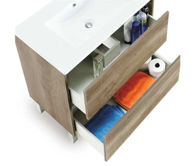 Armário de casa de banho com espelho Thai 2 gavetas 73 Madeira