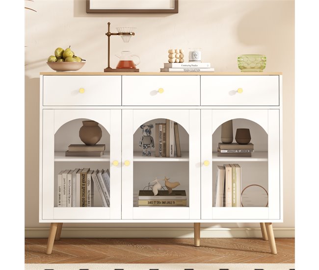 Aparador de painel de partículas com 3 portas e 3 gavetas Natural/ Branco