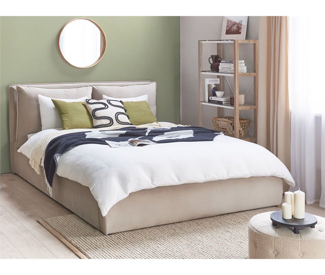 Beliani Cama com armazenamento Veludo BAJONNA 183x235 Bege