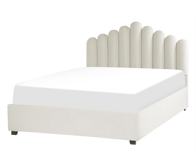Beliani Cama com armazenamento Veludo VINCENNES 147x214 Branco/ Bege