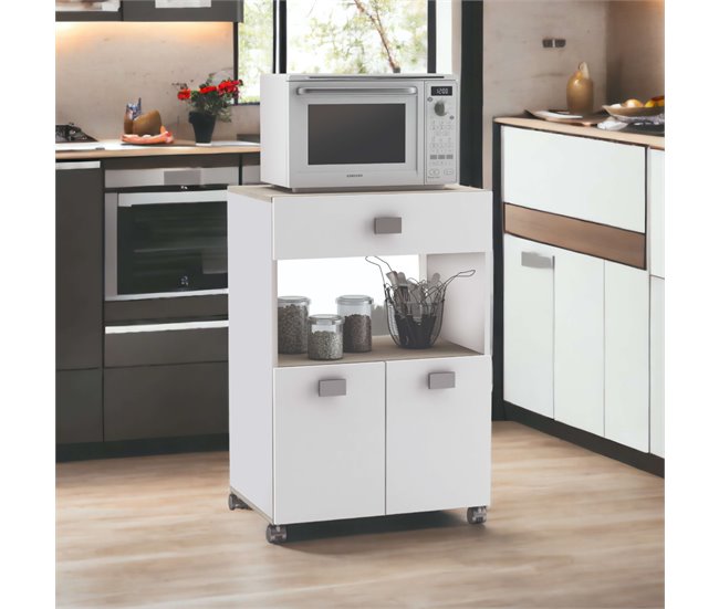 Armário auxiliar de cozinha com 2 portas e 1 gaveta Branco/ Madeira