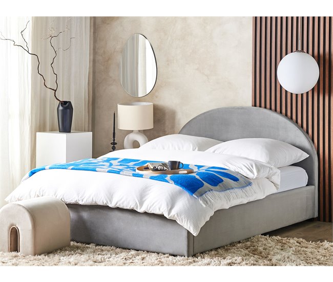 Beliani Cama com armazenamento Veludo VAUCLUSE 194x214 Cinza Claro