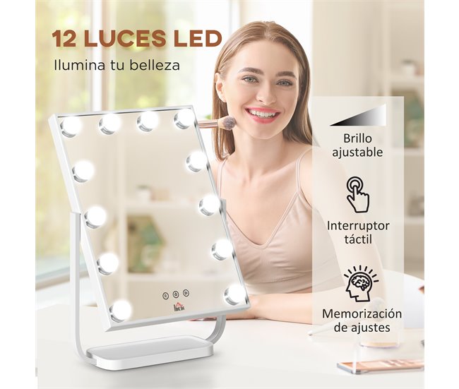 Espelho de Maquilhagem Metal, Vidro e ABS HOMCOM Branco