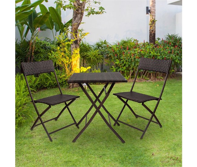 Conjunto de mesa e cadeiras dobráveis de rotim Aktive para terraço Preto