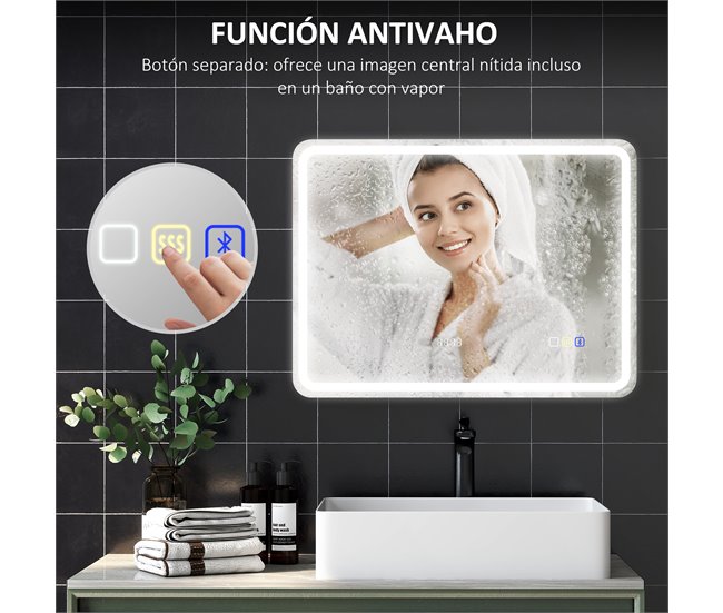 Espelho Casa de Banho com Iluminação Vidro Temperado HOMCOM Cinza