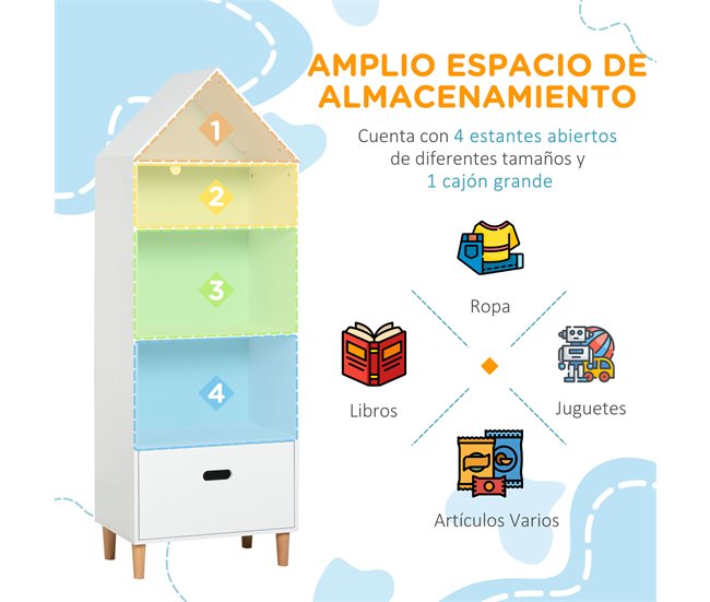 Prateleira de livro infantil P2 class MDF, pine wood HOMCOM Branco