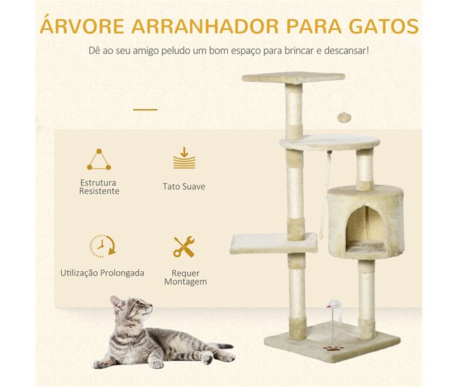 Arranhador para Gatos Aglomerado de Madeira, Pelúcia e Sisal Bege