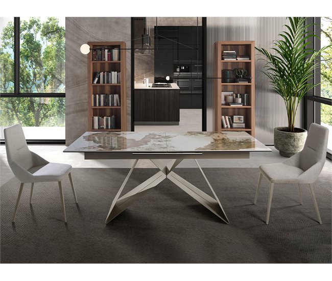 ANGEL CERDA Mesa de jantar extensível retangular em mármore porcelânico e aço cinzento taupe 240x90 Branco
