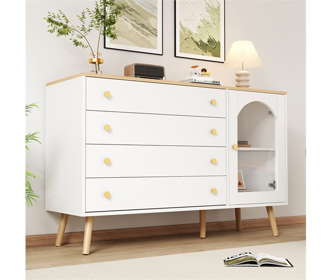 Aparador de painel de partículas com 1 porta e 4 gavetas Branco