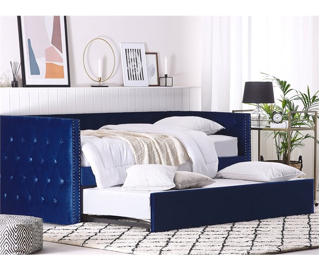 Beliani Cama com estrado Veludo GASSIN 100x231 Azul Marino