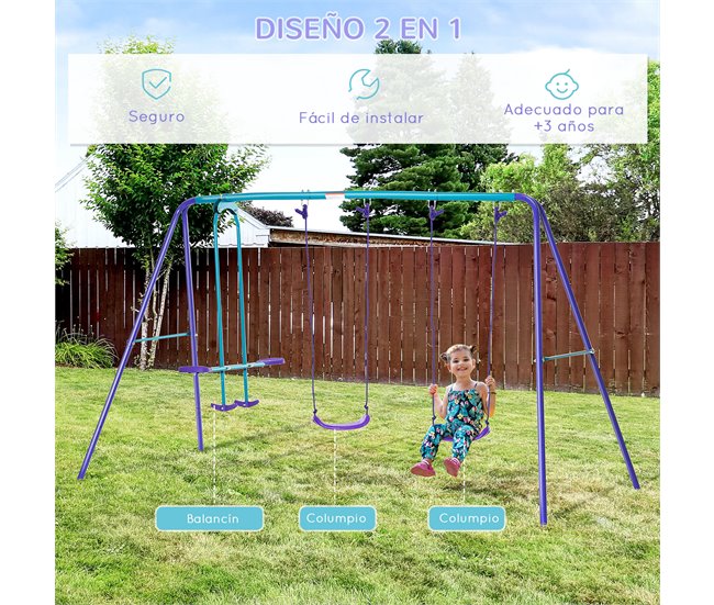 Conjunto de Baloiços de Jardim Metal e PE Outsunny Roxo