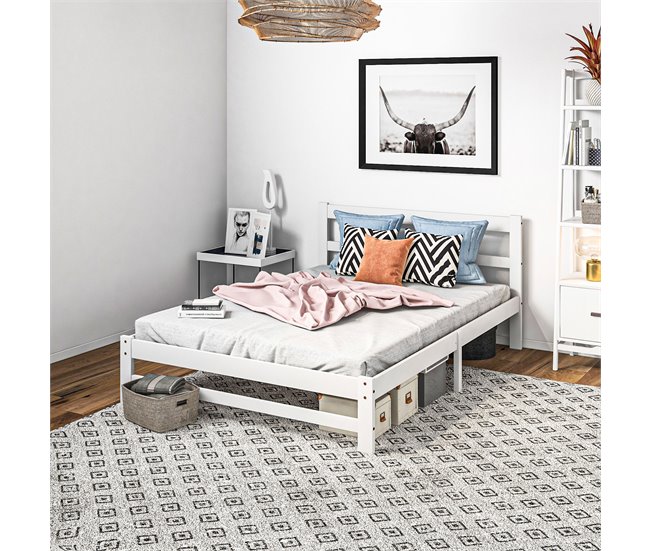 Estrutura de Cama de Casal Madeira de pinho HOMCOM, casa - quarto Branco