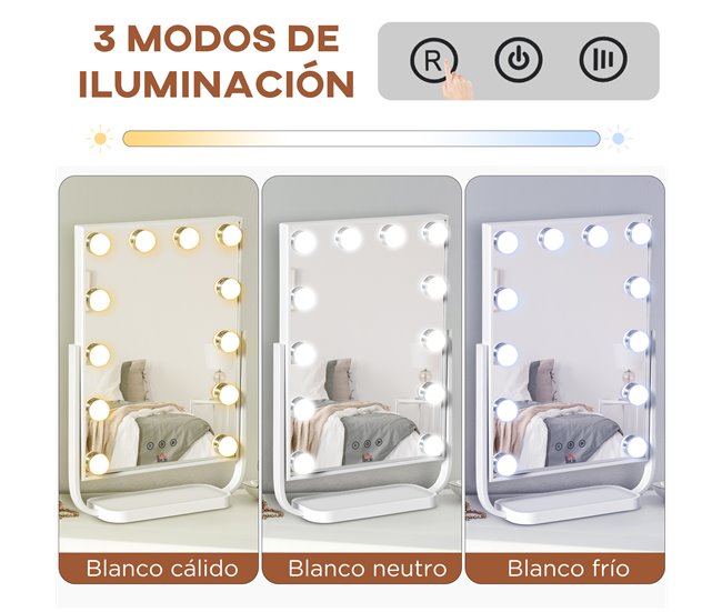 Espelho de Maquilhagem Metal, Vidro e ABS HOMCOM Branco