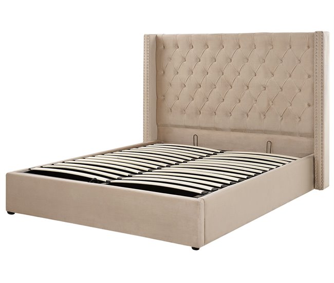 Beliani Cama com armazenamento Veludo LUBBON 190x217 Bege