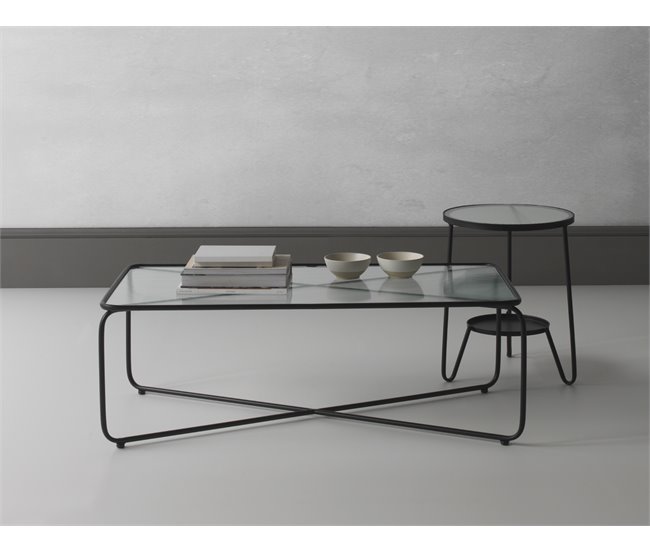 Mesa de centro de metal com tampo de vidro Preto