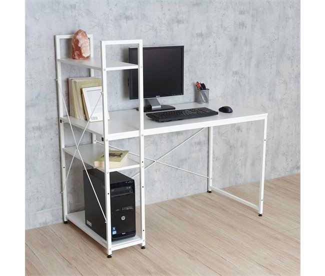 Mesa de escritório contemporânea com estante 120x64 Branco