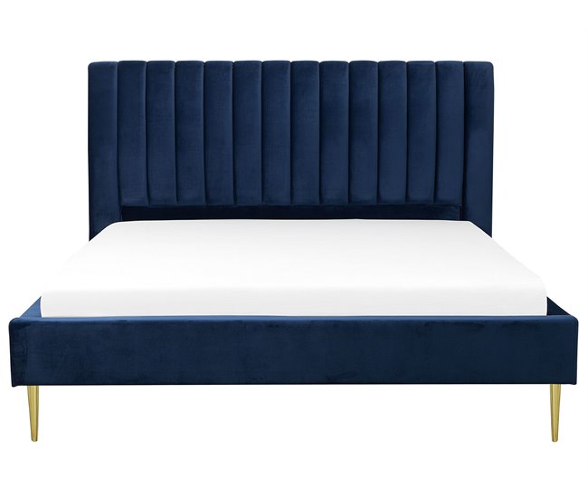 Beliani Cama com estrado Veludo MARVILLE 198x225 Azul Marino