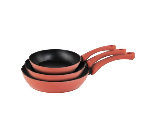 G-sola conjunto de 3 frigideiras rainbow red 18?cm, 22?cm e 26?cm – alumínio forjado, antiaderente xylna 2 camadas livre de pfoa, cabo soft touch vermelho, compatíveis com indução e lava-louças