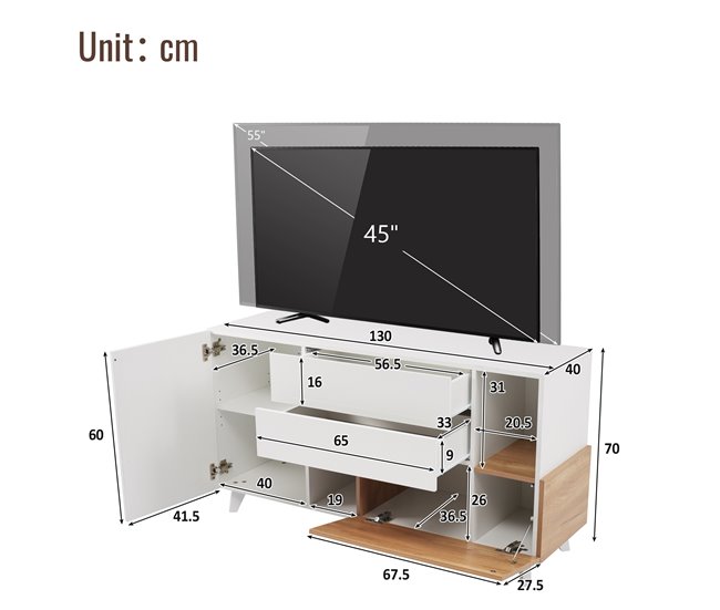 Aparador de painel de partículas com 2 portas e 2 gavetas Branco/ Madeira