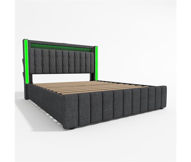 Cama estofada 160x200 cm - com usb, led e 4 gavetas de arrumação - cinza